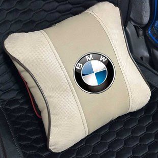 Buy Headrest pillow with Bmw logo. 3D eco-leather. Colored logo. Beige. 1 piece. 100410 Pillows for the headrest - under the neck