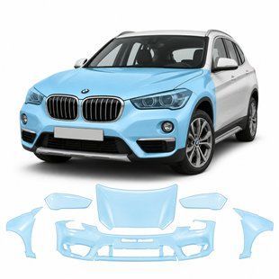 Купить Антигравийная защитная бронепленка по лекалам для BMW X1 F48 2015-2022 - передняя часть авто (капот бампер фары крылья) 102282 Модельные лекала защитных пленок для Bmw