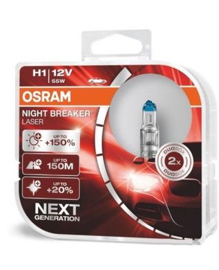Купити Автолампа галогенна Osram Night Breaker Laser +150% 12V H1 55W Оригінал 2 шт (64150 NL-BOX) 38347 Галогенові лампи Osram