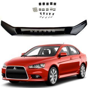 Купити Дефлектор капота мухобойка Mitsubishi Lancer X 2007-2015 Довга Євро Кріплення (Voron Glass) MM30707 96479 Дефлектори капота Mitsubishi