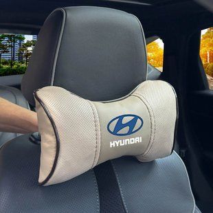 Buy Headrest pillow with Hyundai logo Eco-leather 3D Colored logo Beige-Brown edging 1 pc 60541 Pillows for the headrest - under the neck