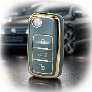 Купить Чехол ключа Volkswagen Зеленый золотая окантовка (3 кнопки) TPU 96108 Чехлы для автоключей (Оригинал)