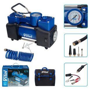 Купить Компрессор автомобильный двухпоршневой Vitol 12V 360вт 85л 15Атм 150psi с дефлятором (K-74) 100574 ✅Электрические автомобильные компрессоры