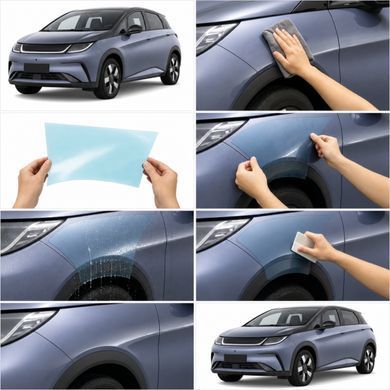 Купити Антигравійна захисна бронеплівка за лекалами для BYD Dolphin I 2021-2024 - оптика (фари та ПТФ) 103080 Модельні лекала захисних плівок для BYD