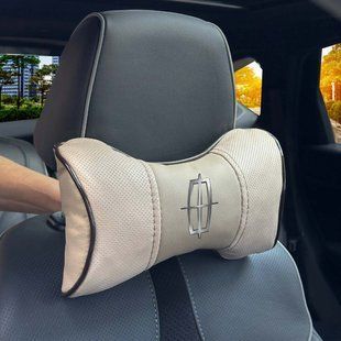 Buy Headrest pillow with Lincoln logo Eco-leather 3D Colored logo Beige-Brown edging 1 pc 91804 Pillows for the headrest - under the neck