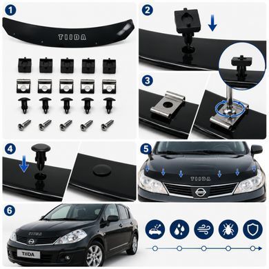 Купити Дефлектор капота мухобойка Nissan Tiida 2004-2015 Євро Кріплення Vip Tuning (NS13) 3467 Дефлектори капота Nissan