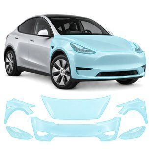 Купить Антигравийная защитная бронепленка по лекалам для Tesla Model Y I 2020-2024 - передняя часть авто (капот бампер фары крылья) 109352 Модельные лекала защитных пленок для Tesla