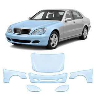 Купить Антигравийная защитная бронепленка по лекалам для Mercedes-Benz S-Class W220 1998-2002 - передняя часть авто (капот бампер фары крылья) 107156 Модельные лекала защитных пленок для Mercedes-Benz