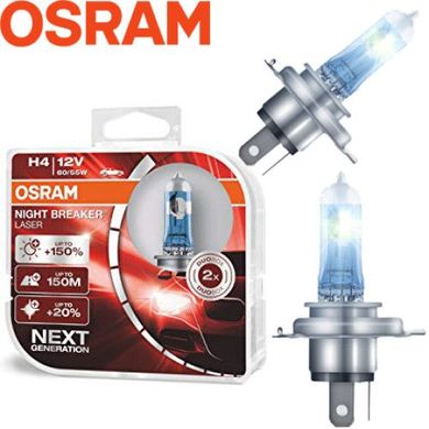 Купити Автолампа галогенна Osram Night Breaker Laser +150% 12V H4 60/55W 2 шт Оригінал (64193 NL-ВОХ) 38363 Галогенові лампи Osram