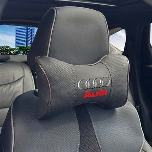 Buy Headrest pillow with Audi logo Eco-leather 3D Colored logo Black-Brown edging 1 pc 91552 Pillows for the headrest - under the neck