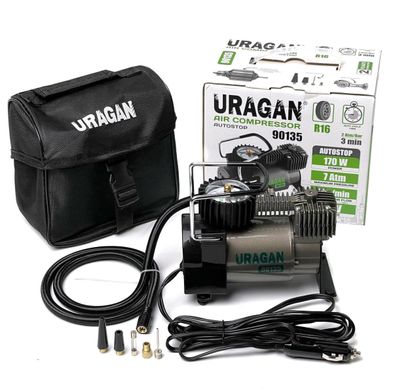 Купити Автомобільний компресор URAGAN Автостоп 12V 14А 37л/хв 170Вт 1 м шланг (90135) 26486 Електричні автомобільні компресори