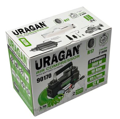 Купити Автомобільний компресор URAGAN 12V Двопоршневий 30А 85л 360Вт 5,7 м шланг на клемах (90170) 26487 Електричні автомобільні компресори