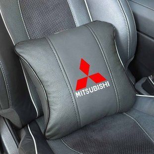 Купить Подушка на подголовник с логотипом Mitsubishi Экокожа 3D Цветной лого Бежевая-Черный кант 1 шт 91812 Подушки на подголовник - под шею