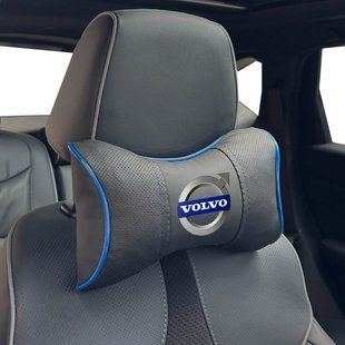 Купити Подушка на підголівник з логотипом Volvo Екошкіра 3D Кольоровий лого Чорна-Синій кант 1 шт 91606 Подушки на підголовник - під шию