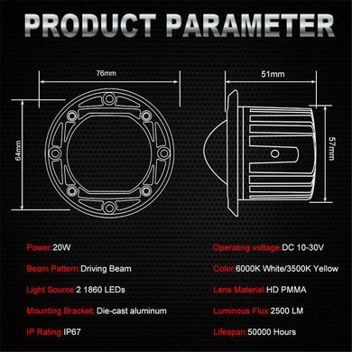 Купити Bi-LED Фара додаткова Кругла 75x50 мм S-28 20W 10-80V W/W 4 360 (Біле Світло) 80462 Протитуманні фари LED з лінзою і світло-тіньової кордоном