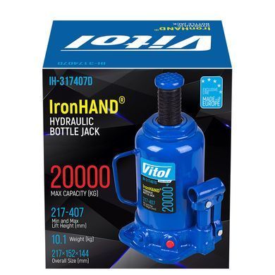 Купить Домкрат гидравлический 20т Высота подъема 217-407 мм 9,7кг Iron Hand в коробке (IH-317407D) 26601 Домкраты бутылочные
