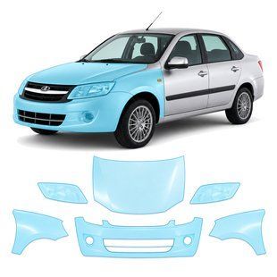 Купить Антигравийная защитная бронепленка по лекалам для LADA Granta 2190 2011-2018 - передняя часть авто (капот бампер фары крылья) 105848 Модельные лекала защитных пленок для LADA