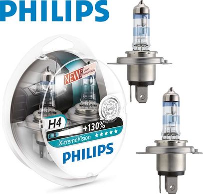 Купити Автолампа галогенна Philips X-treme Vision +130% H4 12V 55W 2 шт (12342XV+S2) 38399 Галогенові лампи Philips