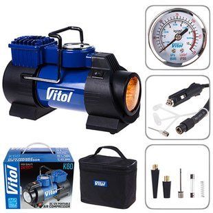 Купить Компрессор автомобильный Vitol 150psi 15Amp 40л Провод 3 м Шланг 1 м R13-16 Фонарь (K-60) 94595 ✅Электрические автомобильные компрессоры