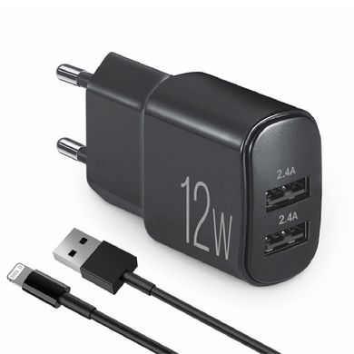 Купити Мережевий зарядний пристрій Brevia ePower 12W 2xUSB-A + кабель USB-A to Lightning 1м чорний 45012DULB 81209 Мережевий зарядний пристрій