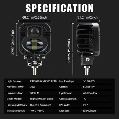 Купити Bi-LED Фара додаткова Квадрата 65x65x50 мм 10-80V W/W P-66-40W 4 390 (Біле Світло) 80456 Протитуманні фари LED з лінзою і світло-тіньової кордоном