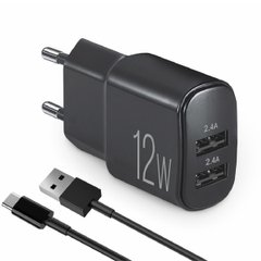 Купить Сетевое зарядное устройство Brevia ePower 12W 2xUSB-A + кабель USB-A to Type-C 1м черный 45012DUCB 81210 Сетевые зарядные устройства