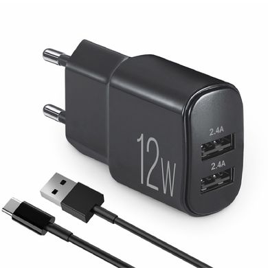 Купити Мережевий зарядний пристрій Brevia ePower 12W 2xUSB-A + кабель USB-A to Type-C 1м чорний 45012DUCB 81210 Мережевий зарядний пристрій