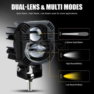 Купити Bi-LED Фара додаткова Квадрата 65x65x50 мм 10-80V W/Y P-66-40W 4 390 (Біле та Жовте Світло) 80459 Протитуманні фари LED з лінзою і світло-тіньової кордоном