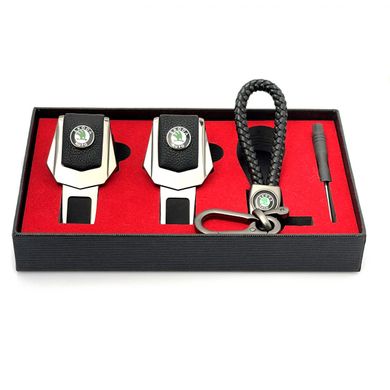 Купити Подарунковий набір №1 для Skoda з заглушок та брелока із Зеленим логотипом Темний хром 39538 Подарункові набори для автомобіліста