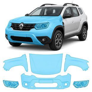 Купить Антигравийная защитная бронепленка по лекалам для Renault Duster II 2017-2020 - передняя часть авто (капот бампер фары крылья) 108512 Модельные лекала защитных пленок для Renault