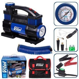 Купить Компрессор автомобильный Vitol 150psi 25Amp 90л R15-R18 2 цилиндра шланг 1,0+5,0м клеммы (K-70) 91312 ✅Электрические автомобильные компрессоры