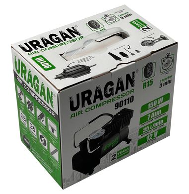 Купити Автомобільний компресор URAGAN 12V 12А 35л/хв 150Вт 1 м шланг (90110) 26457 Електричні автомобільні компресори