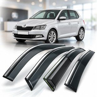 Купить Дефлекторы окон Benke для Skoda Fabia III хэтчбек 2014-2022 с 3D молдингом из нержавеющей стали комплект 4 шт (BSKFB1523-W/S) 112237 Дефлекторы окон Skoda