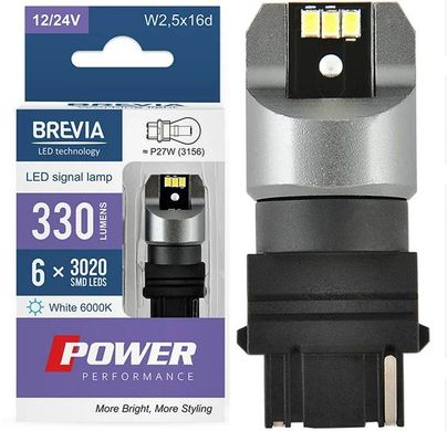 Купити LED автолампа Brevia Power 12/24V P27W 6x3020SMD 330Lm 6000K CANbus Оригінал 2 шт (10138X2) 40182 Світлодіоди - Brevia