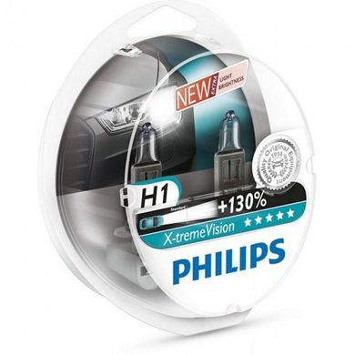 Купити Автолампа галогенна Philips X-treme Vision +130% H1 12V 55W 2 шт (12258XV+S2) 38390 Галогенові лампи Philips
