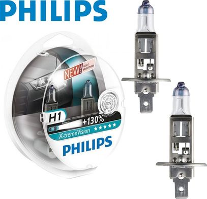 Купити Автолампа галогенна Philips X-treme Vision +130% H1 12V 55W 2 шт (12258XV+S2) 38390 Галогенові лампи Philips