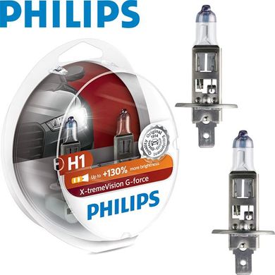 Купити Автолампа галогенна Philips X-treme Vision G-Force +130% H1 12V 55W 3500K 2 шт (12258XVGS2) 38391 Галогенові лампи Philips