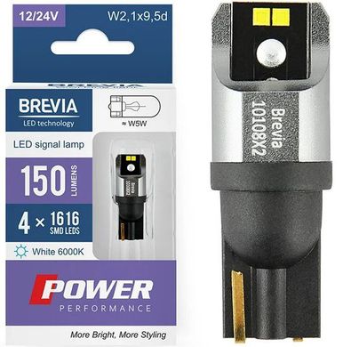 Купити LED автолампа Brevia Power 12/24V T10 W5W 4x1616SMD 150Lm 6000K CANbus Оригінал 2 шт (10108X2) 40185 Світлодіоди - Brevia