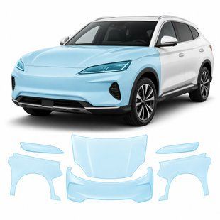 Купить Антигравийная защитная бронепленка по лекалам для BYD Song Plus I facelift 2023- передняя часть авто (капот бампер фары крылья) 103256 Модельные лекала защитных пленок для BYD