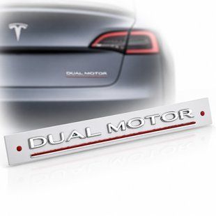 Купить Эмблема надпись Dual Motor для Tesla Хром +Хромово-Красный линия, пластик, на скотче 90326 Эмблема надпись на иномарки