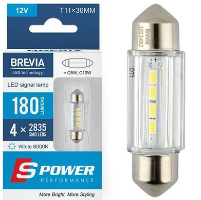 Купити LED автолампа Brevia Spower 12/24V T11 36мм C5W (C10W) 4x12835SMD 180Lm 6000K CANbus Оригінал 2 шт (10214X2) 40187 Світлодіоди - Brevia