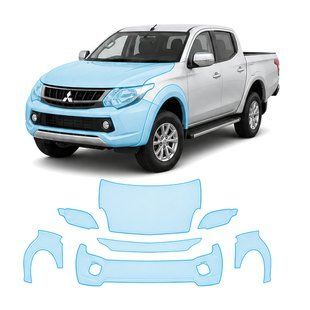 Купить Антигравийная защитная бронепленка по лекалам для Mitsubishi L200 V 2015-2019 - передняя часть авто (капот бампер фары крылья) 107468 Модельные лекала защитных пленок для Mitsubishi