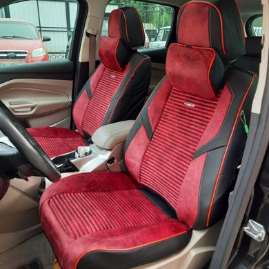 Купити Авточохли універсальні 5D екокожа замша Чорно-червоні 4910  Майки для сидінь закриті
