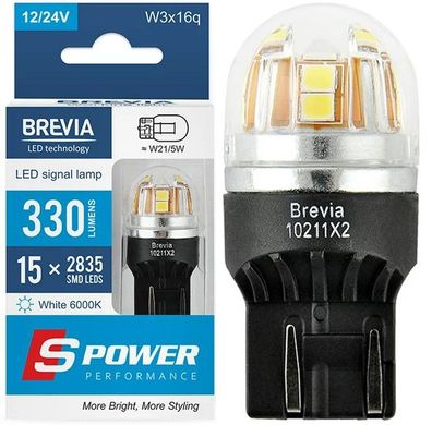 Купить LED автолампа Brevia Spower 12/24V W21/5W 15x2835SMD 330Lm 6000K Оригинал CANbus 2 шт (10211X2) 40193 Светодиоды - Brevia