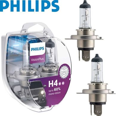 Купити Автолампа галогенна Philips Vision Plus +60% H4 12V 60/55W 2 шт (12342VPS2) 38403 Галогенові лампи Philips